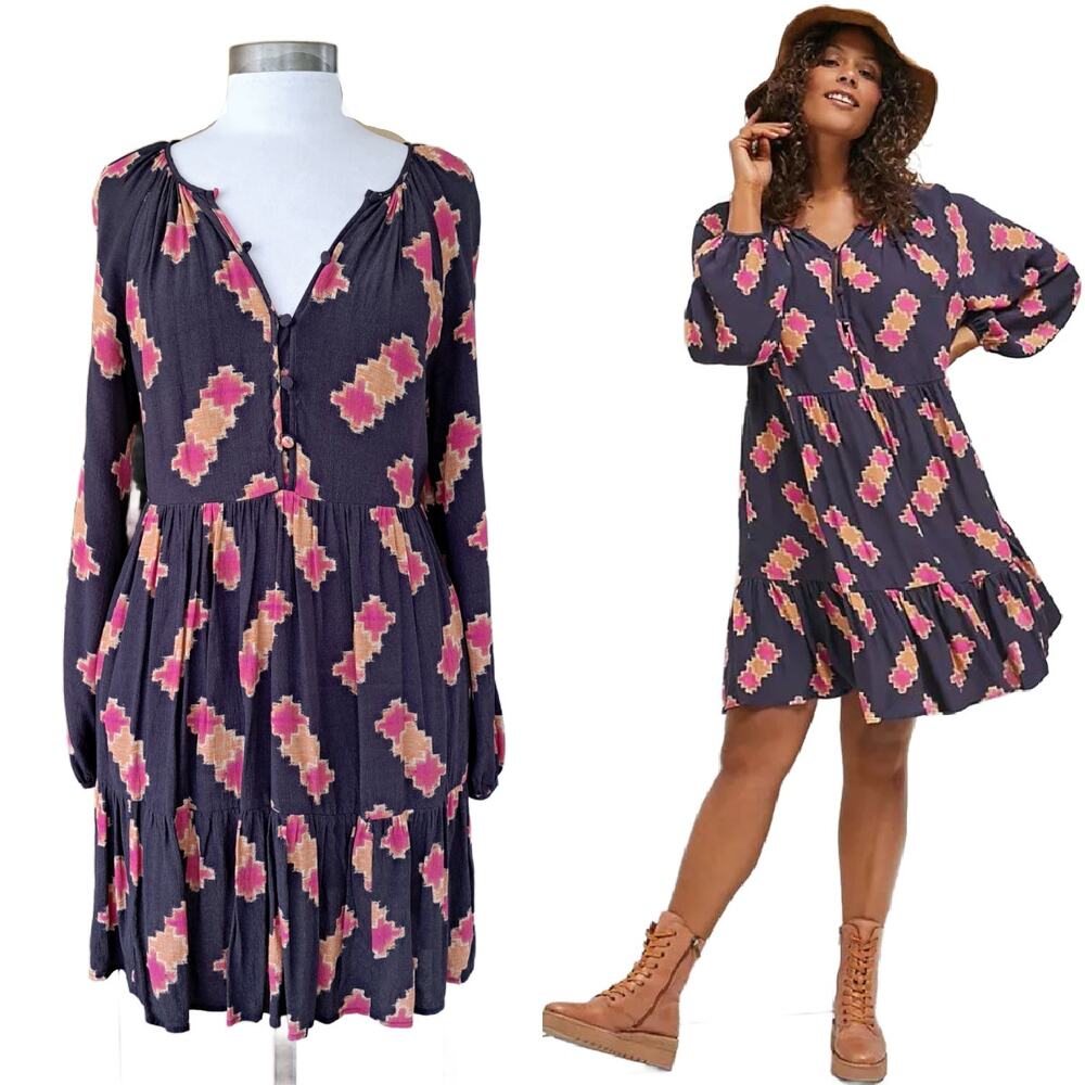 By Anthropologie Sammi Tiered Long Sleeve Mini Dress Black Pink Orange XS